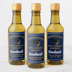 Custom Navy Blue Gold Graduation Party Mini Wine Label