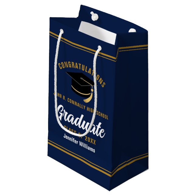 Custom Navy Blue Gold Graduation Party Small Gift Bag (Front Angled)