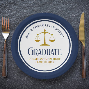 Custom Navy Blue Gold Law School Graduation Party Paper Plate