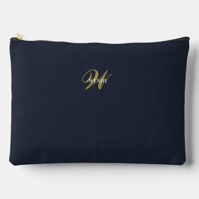 Custom Navy Blue Gold Monogram Minimal Clean Accessory Pouch (Front)