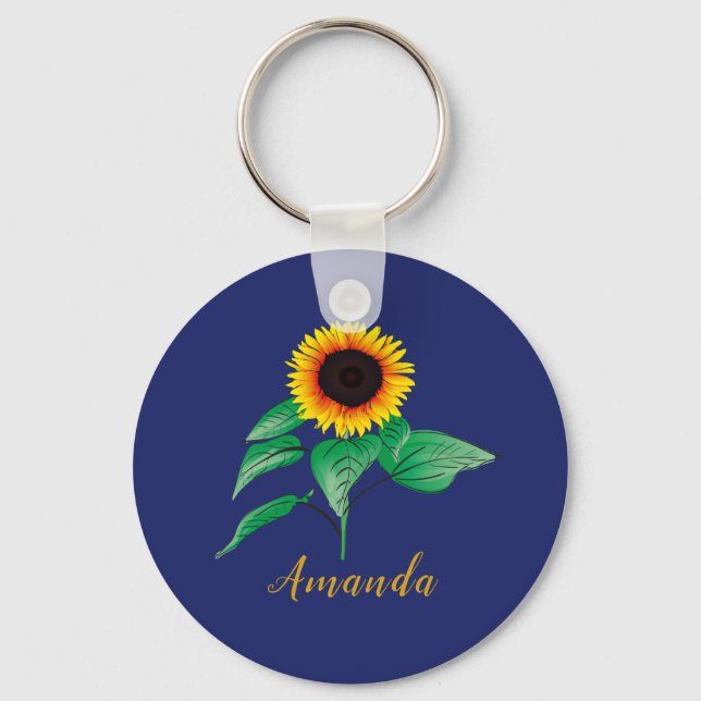 Custom Navy Blue Gold Script Watercolor Sunflower Keychain (Front)