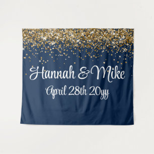 Custom Navy Blue Gold Wedding Backdrop Photo Booth Tapestry