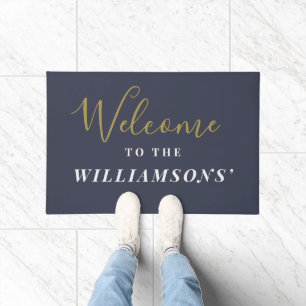 Custom Navy Blue Gold White Minimalist Welcome  Doormat