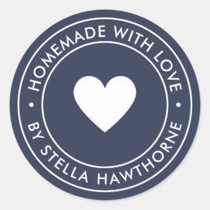 Custom Navy Blue Homemade With Love Heart Classic Round Sticker