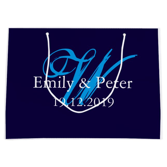 Custom Navy Blue Large Wedding Monogram Large Gift Bag (Front)