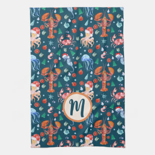 Custom Navy Blue Lobster Crustaceancore Holiday Kitchen Towel
