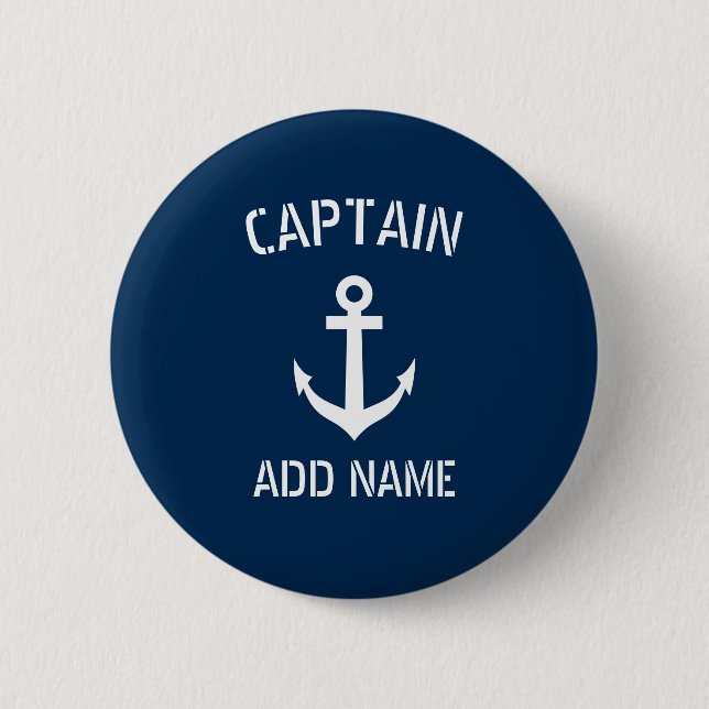 Custom navy blue nautical anchor boat captain 2 inch round button (Front)