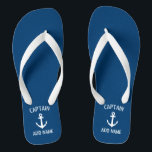 Custom navy blue nautical anchor boat captain flip flops<br><div class="desc">Custom navy blue and white nautical anchor boat captain flip flops. Personalized beach slippers with ship anchor logo. Maritime sandals for sailor and sailing enthusiasts. Customizable colour. Cool Birthday party gift or party favour idea for friends, dad, husband, uncle, grandpa, wedding groom and bride, guests etc. Unique maritime and boating...</div>