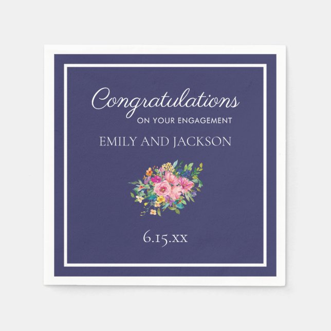 Custom Navy Blue Pink Watercolor Floral Engagement Napkin (Front)