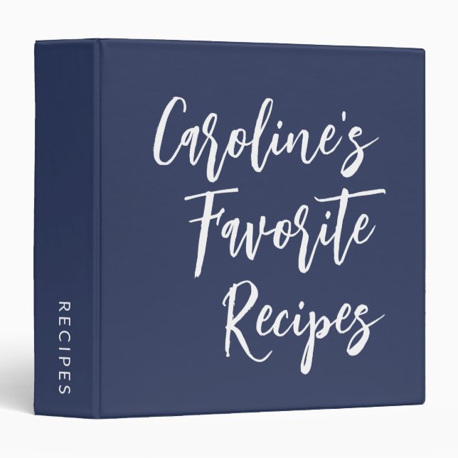 Custom Navy Blue Script Calligraphy Modern Recipe Binder (Front/Spine)