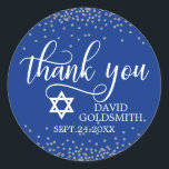 Custom Navy Blue Silver BAT/BAR MITZVAH Thank You Classic Round Sticker<br><div class="desc">Lovely calligraphy script personalized thank you BAT or BAR MITZVAH stickers to add to your envelopes and/or gifts favours.  Navy blue background (can be changed to any colour) colour with star of DAVID.  Faux silver grey glitter confetti. Perfect for any party. Editable template labels.</div>