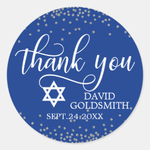 Custom Navy Blue Silver BAT/BAR MITZVAH Thank You Classic Round Sticker