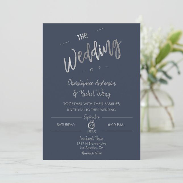 Custom Navy Blue Simple Script Silver Foil Wedding Invitation (Standing Front)