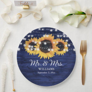 Custom Navy Blue Sunflower Rustic Wood Wedding Paper Plate