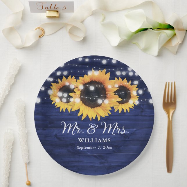 Custom Navy Blue Sunflower Rustic Wood Wedding Paper Plate (Wedding)