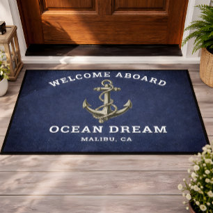 Custom Navy Blue Welcome Aboard Boat Name Anchor Doormat