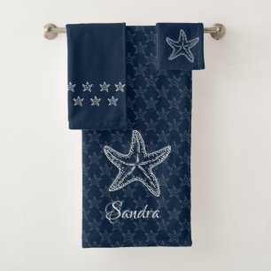 Custom Navy Blue White Chic Beach house Starfish Bath Towel Set