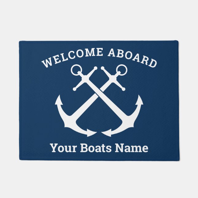 Custom Navy Blue & White Crossed Anchors Boat Doormat (Front)