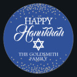 Custom Navy Blue White Holiday HAPPY HANUKKAH Classic Round Sticker<br><div class="desc">Lovely calligraphy script personalized HAPPY HANUKKAH stickers to add to your envelopes and/or gifts favours.  Navy blue background (can be changed to any colour) colour with star of DAVID.  Faux silver grey glitter confetti. Perfect for envelopes,  greeting cards,  gifts... . Editable template labels.</div>