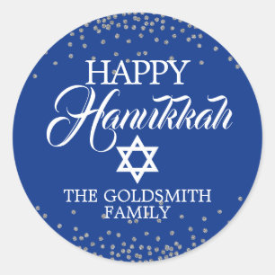 Custom Navy Blue White Holiday HAPPY HANUKKAH Classic Round Sticker