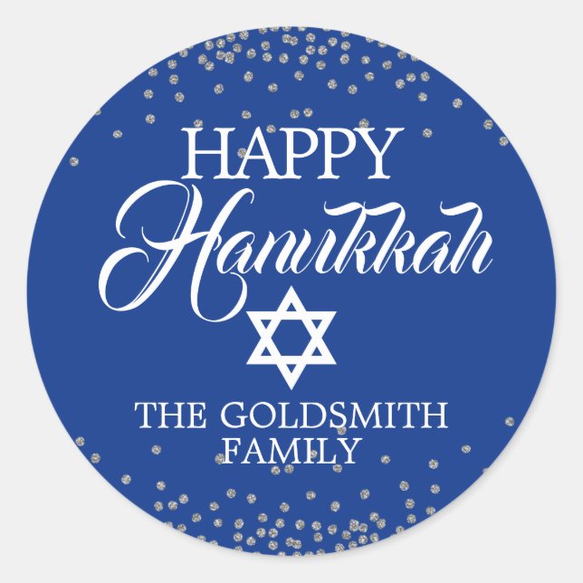 Custom Navy Blue White Holiday HAPPY HANUKKAH Classic Round Sticker (Front)