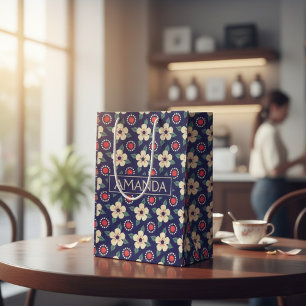 Custom Navy Blue with Cream Flowers Gift Bag 