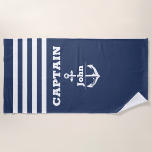 Custom Navy Captain with Personalized Name Beach Towel