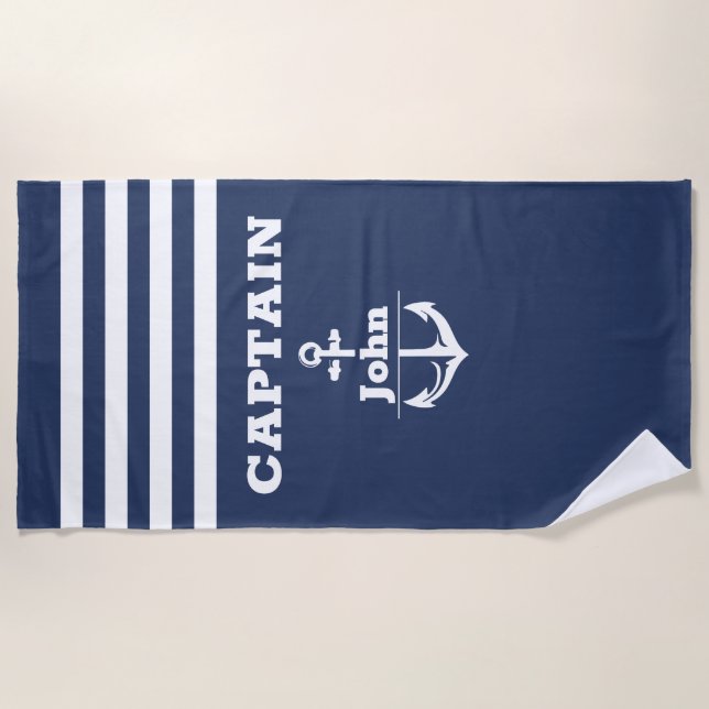 Custom Navy Captain with Personalized Name Beach Towel (Front)