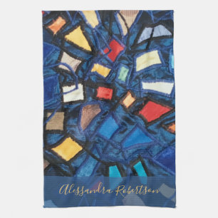 Custom Navy Colourful Stained Glass Look Abstract Kitchen Towel