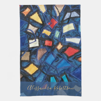 Custom Navy Colourful Stained Glass Look Abstract Kitchen Towel