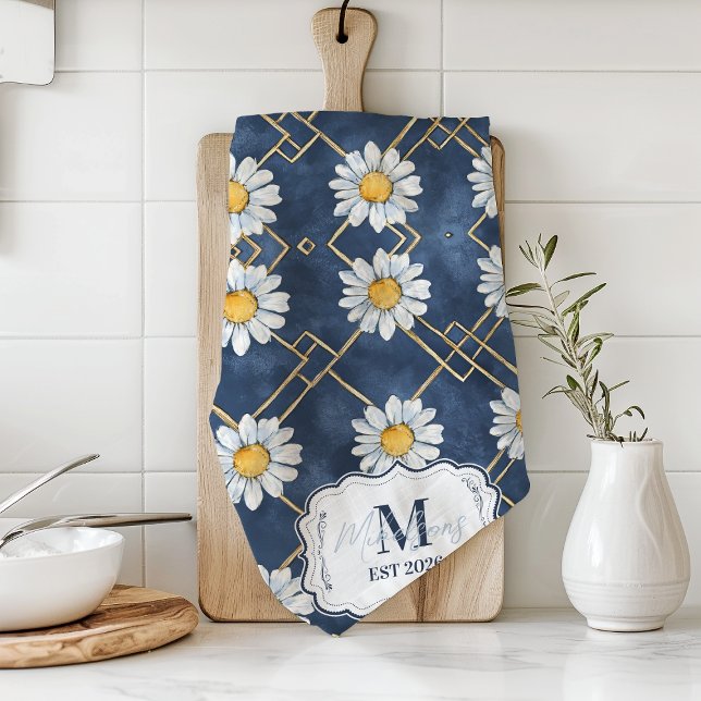 Custom Navy Daisy Gingham Monogram Decor Kitchen Towel (Creator Uploaded)