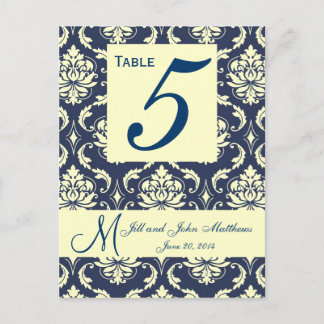 Custom Navy Damask Wedding Table Number Postcard