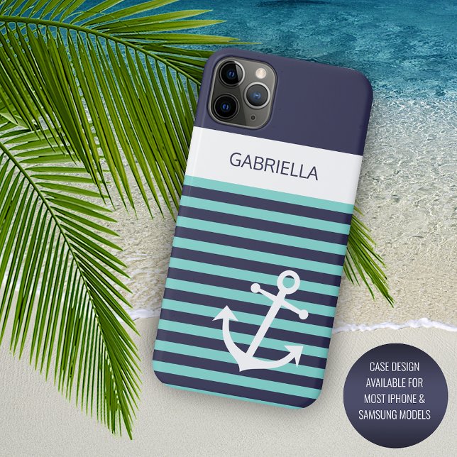 Custom Navy Dark Blue White Aqua Turquoise Stripes Case-Mate iPhone Case (Creator Uploaded)