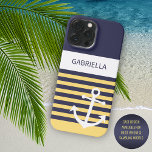 Custom Navy Dark Blue White Sunny Yellow Stripes iPhone 15 Pro Max Case<br><div class="desc">Simple contemporary ship anchor, on a classic and chic navy blue and light summery sunny yellow coloured stripes pattern. With room to personalize or customize with a name, initials or monogram of your choice on a white coloured background. Beautiful, modern, and cool cover for the trend-savvy and art-loving hip trendsetter,...</div>