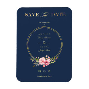 Custom Navy Elegant Pink Garland Wreath Wedding Magnet