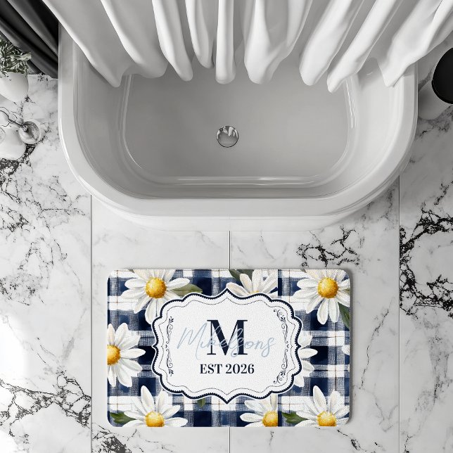 Custom Navy Gingham Daisy Monogram Bath Mat (Creator Uploaded)