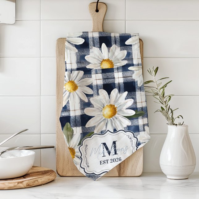 Custom Navy Gingham Daisy Monogram Kitchen Towel (Creator Uploaded)