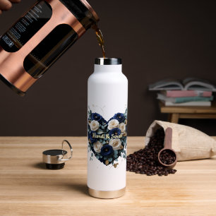 Custom Navy Gold Floral Monogram Water Bottle