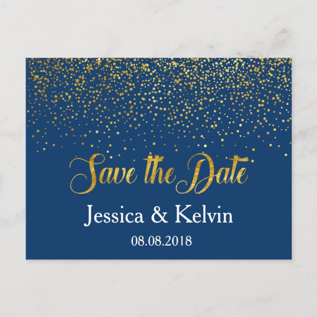 Custom Navy Gold Foil Confetti Save the Date Announcement Postcard (Front)