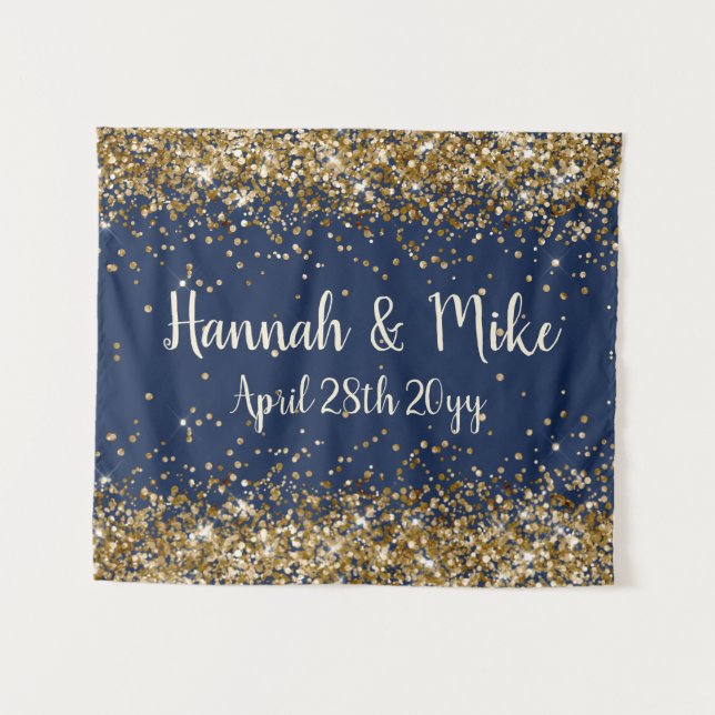 Custom Navy Gold Wedding Backdrop Photo Booth Prop Tapestry (Front (Horizontal))