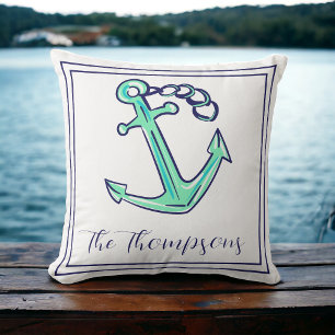 Custom Navy Green Anchor Nautical Boat Coastal Throw Pillow