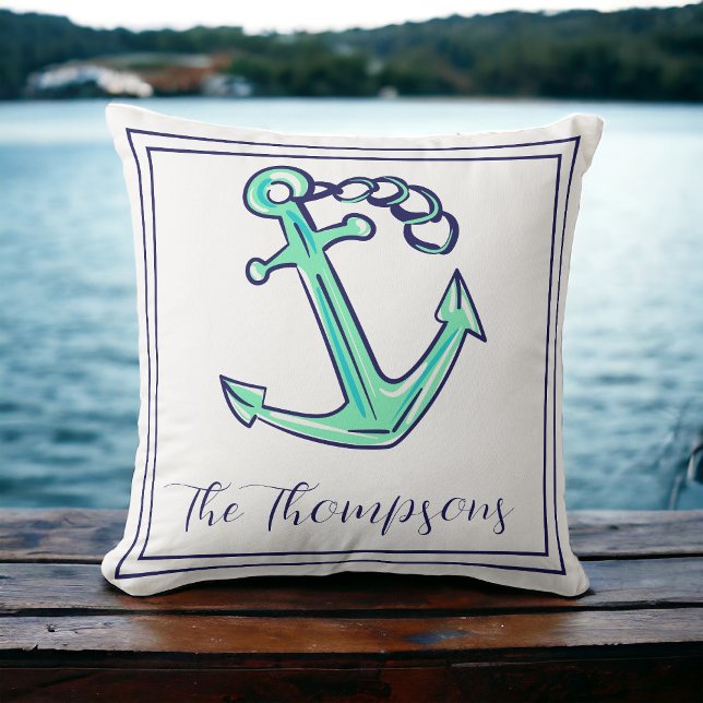 Custom Navy Green Anchor Nautical Boat Coastal  Throw Pillow (Creator Uploaded)