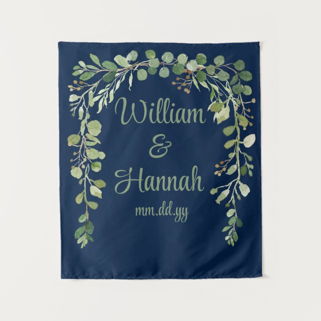Custom Navy Greenery Wedding Reception Photo Prop Tapestry (Front)