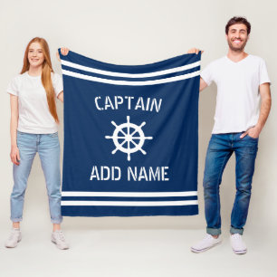 Custom navy nautical wheel boat captain stripes fleece blanket