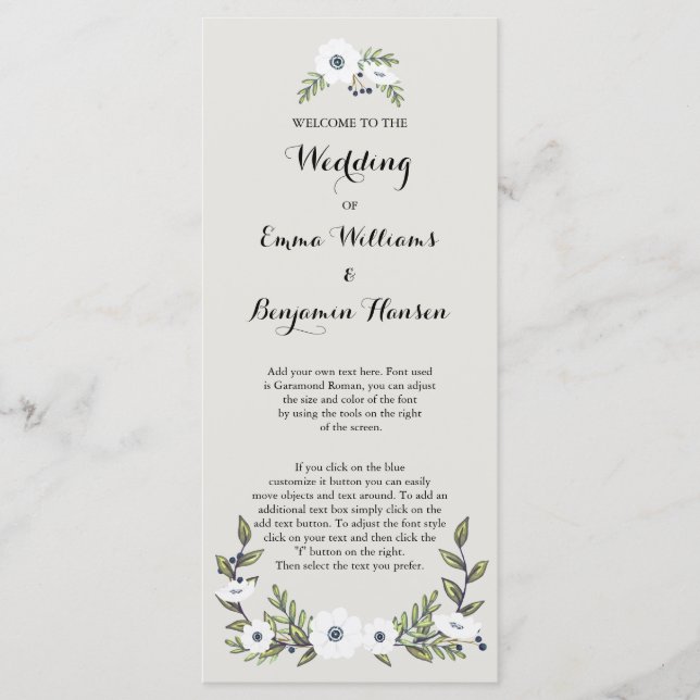 Custom navy Painted Anemones Wedding Program (Front)