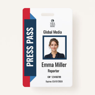 Custom Navy & Red Media Pass   Press ID  Badge