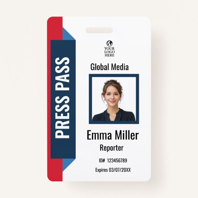 Custom Navy & Red Media Pass | Press ID  Badge (Front)