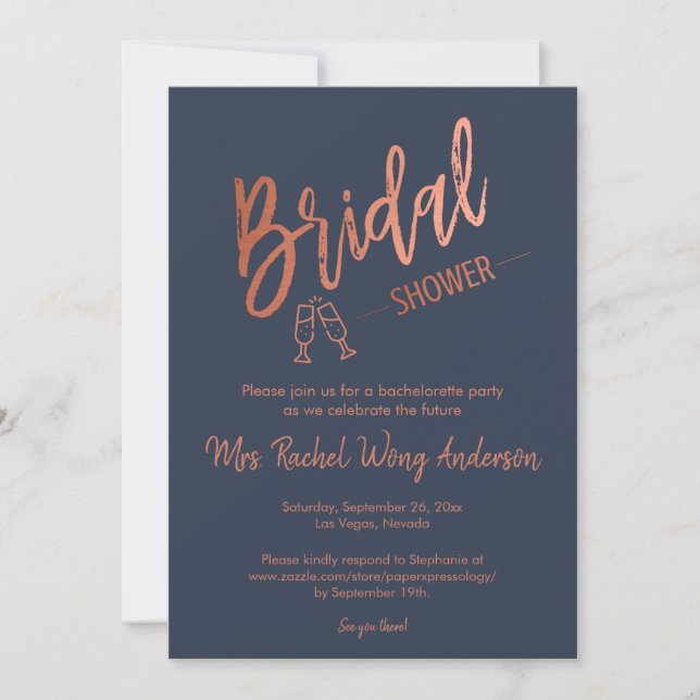 Custom Navy Simple Script Rose Gold Bridal Shower Invitation (Front)