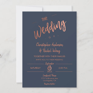 Custom Navy Simple Script Rose Gold Foil Wedding Invitation