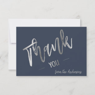 Custom Navy Simple Script Silver Flat Thank You Card